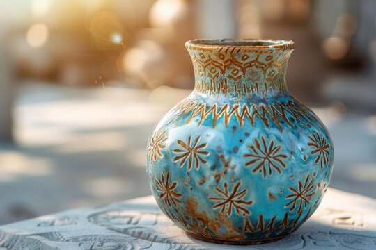 Handmade pottery vase with blue and brown glaze, etched patterns in sunlight