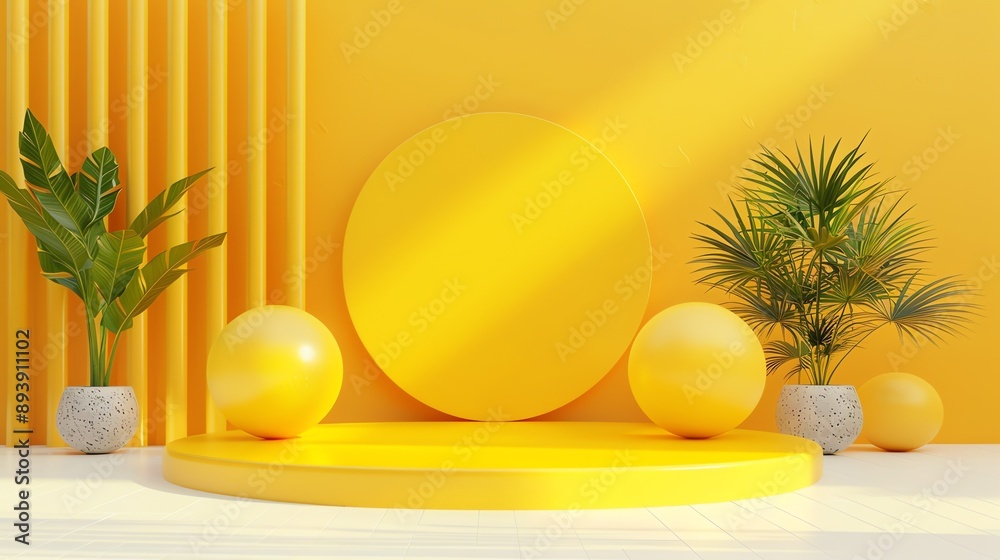 Poster 3d rendering of a simple and clean product display. a yellow platform with a large yellow sphere and