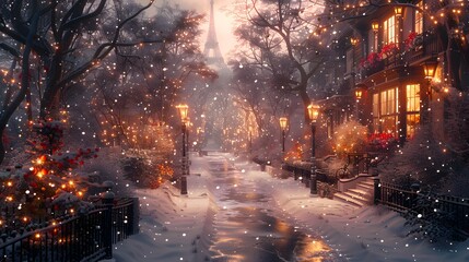 Fototapeta premium A serene winter scene in a picturesque Parisian street, adorned with glowing street lamps and gently falling snowflakes, featuring the Eiffel Tower in the background. 