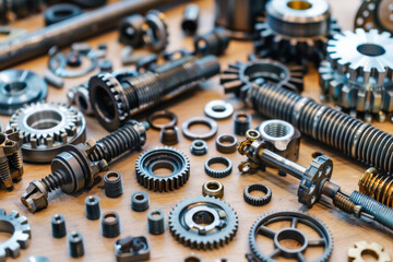 A mechanical assortment of gears and components intricately arranged on a table, emphasizing precision, complexity, and the art of engineering.