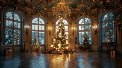 Obraz premium A beautifully decorated luxurious hall featuring a stunning Christmas tree surrounded by presents, illuminated by warm lights, with a wintery view through elegant windows. 