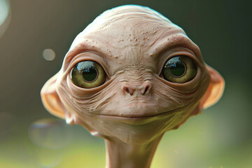 A close-up, highly detailed image of an adorable, wide-eyed alien, with a serene expression and large bright eyes reflecting curiosity and innocence.