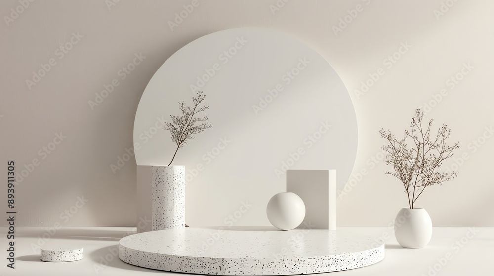 Poster 3d rendering of a podium with a terrazzo texture and a smooth background.