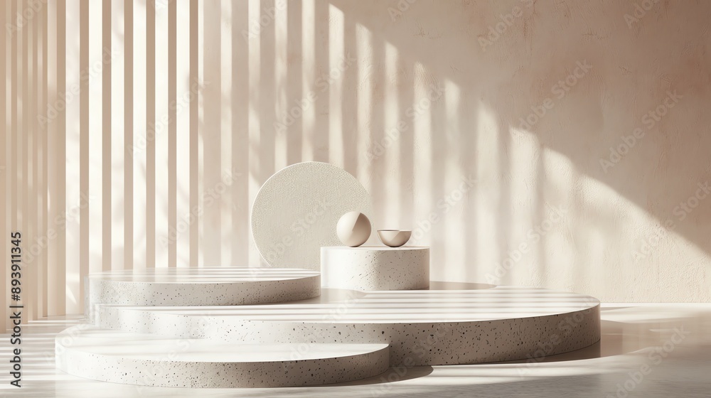 Poster 3d rendering of a beige podium with a large round platform and a smaller one with a bowl on it.