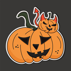 A sticker in the form of a confused pumpkin and a pumpkin devil for Halloween in the doodle style.