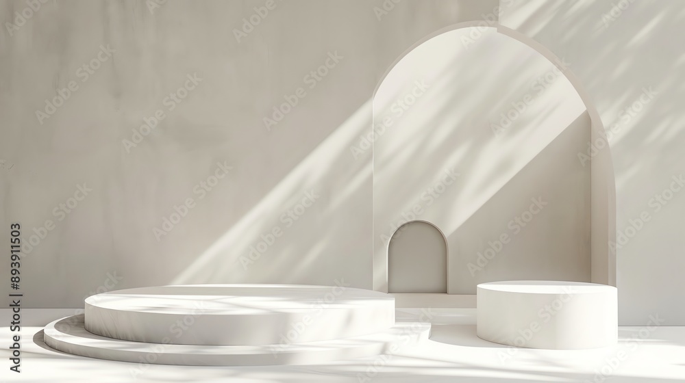 Poster 3d rendering of a product display. two podiums of different heights are placed in front of a wall wi