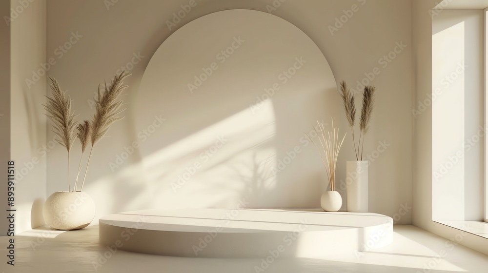 Poster 3d rendering of a simple and elegant room with a podium in the center.
