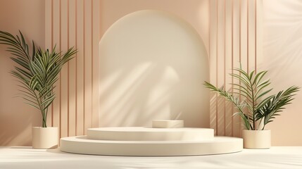 3D rendering of a product display platform with a curved wall and two potted plants. The platform is made of white marble and has a cylindrical shape.