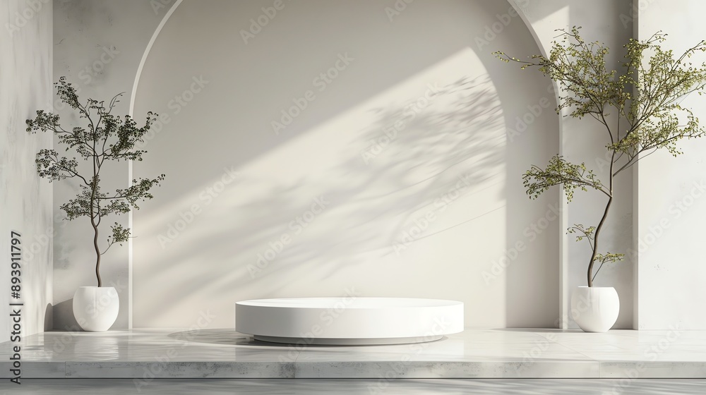 Poster 3d rendering of a product display platform with a curved wall and arched openings on each side.
