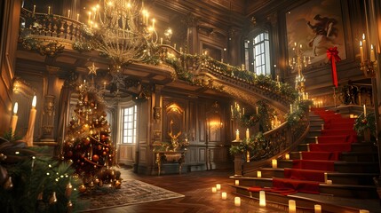 A beautifully decorated grand staircase adorned with Christmas lights, a festive tree, and elegant holiday decor in a luxurious setting. 