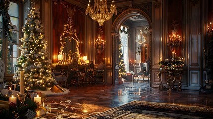 Obraz premium A beautifully decorated festive living room featuring a Christmas tree, elegant furnishings, and warm lighting, perfect for holiday-themed projects. 