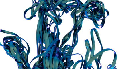 Abstract art with metallic blue ribbons dancing in the dark