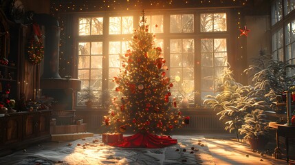 Obraz premium A beautifully decorated Christmas tree stands in a cozy, sunlit room adorned with festive decorations and surrounded by snowy scenery outside. 