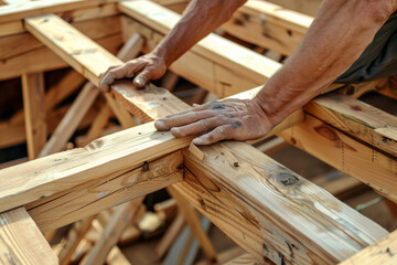 A construction worker walking on wooden beams, balancing carefully amidst a house framing project, capturing the scene of diligent labor.