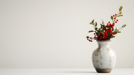 Naklejka premium A simple, elegant vase filled with holly and red berries against a neutral background, perfect for holiday decor. 