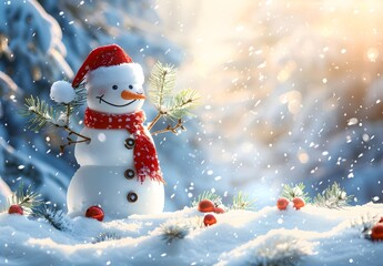 Fototapeta premium A cheerful snowman wearing a red hat and scarf stands amidst a snowy landscape, surrounded by pine branches and soft falling snowflakes, evoking a festive winter atmosphere. 