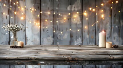 A rustic wooden table adorned with candles and a delicate vase of dried flowers, set against a softly lit backdrop of glowing fairy lights. 