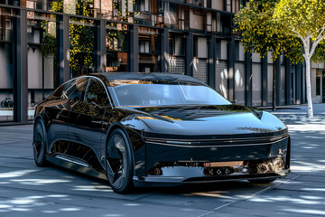 Fototapeta premium A sleek, futuristic black car parked in an urban setting, reflecting the surrounding modern architecture and trees on its shiny surface.