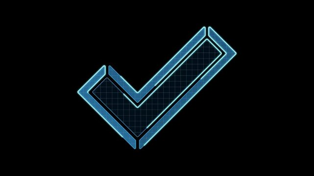 Positive verified mark icon motion animation, continuous seamless loop from 1 to 7 second mark, futuristic cyber technology look, neon laser lines on black background.