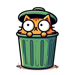 Funny cat sitting in trash can. Vector illustration.