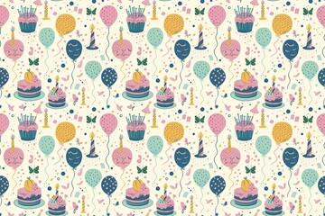 Joyful cartoon-style birthday pattern with pastel balloons, cakes, and floating confetti