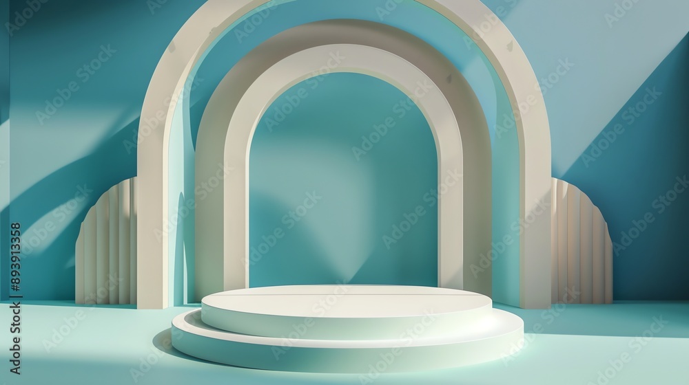 Poster 3d rendering of a simple and minimal abstract scene with a podium in the center. the podium is made 