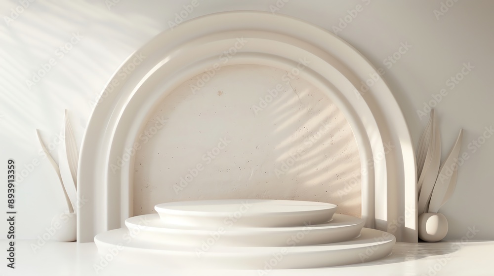 Poster 3d rendering of a podium with a curved backdrop. the podium is made of three steps and has a smooth,