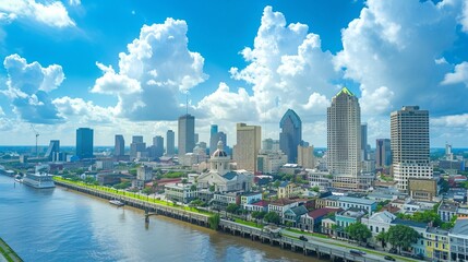 Obraz premium Daytime riverside cityscape filled with iconic architecture and vibrant urban life under a clear sky, highlighting the dynamic and modern essence of the city.