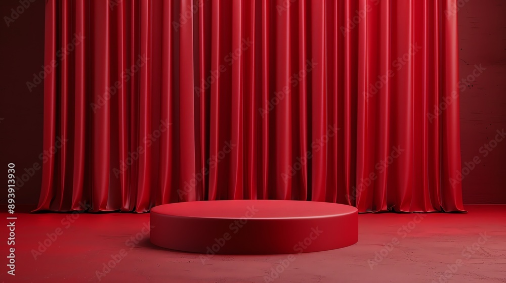 Poster 3d rendering of a red curtain with a spotlight on an empty stage.