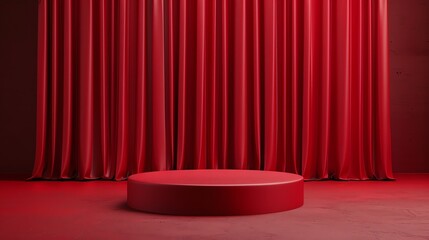 3D rendering of a red curtain with a spotlight on an empty stage.