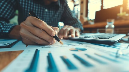 Obraz premium A businessman is working on his paperwork in his office. He is wearing a plaid shirt and he is using a pen to write on a document.