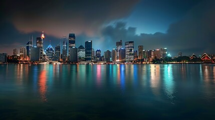 Fototapeta premium A vibrant and colorful city skyline at dusk, beautifully reflected on calm waters under a partly cloudy sky, exhibiting illuminated skyscrapers and buildings, serene view.