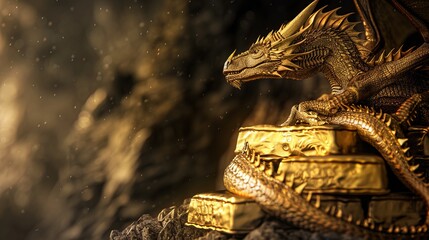 An imposing dragon is majestically perched atop a pile of gleaming gold bars in a dimly lit cave, exuding power and guarding its treasured hoard contentedly.