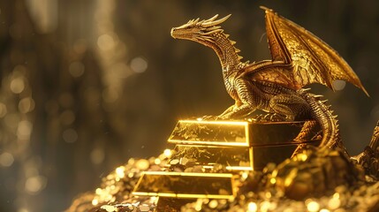 A regal dragon rests gracefully atop a stack of gold ingots surrounded by a vast array of glowing treasure in a fantastical cavern, embodying power and mysticism.