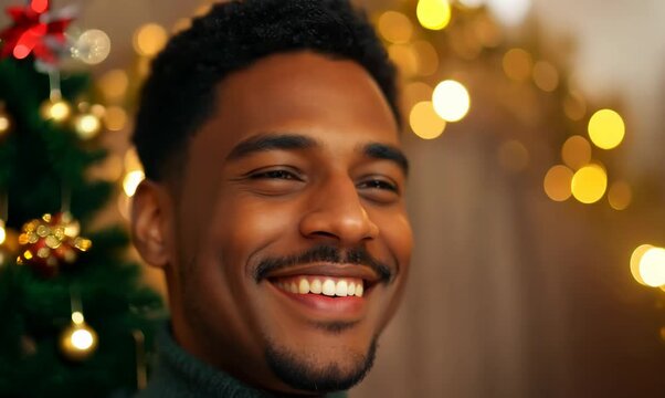Medium shot portrait video of a satisfied man in his 20s that is placed against a christmas or holiday themed background