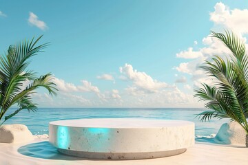 Fototapeta premium Beach podium summer background sand product 3D sea display platform. Beach podium summer banner stand scene sale sky holiday vacation stage water island sun travel pedestal promotion presentation ad