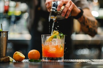 A mixologist straining a cocktail into a chilled glass.