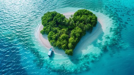 A mesmerizing aerial view of a heart-shaped tropical island surrounded by turquoise water, showcasing lush greenery and a boat docked near the beach.