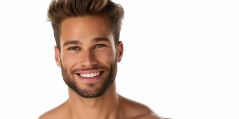 Obraz premium A man with a beard and a smile on his face. He is wearing a white shirt. Concept of happiness and confidence