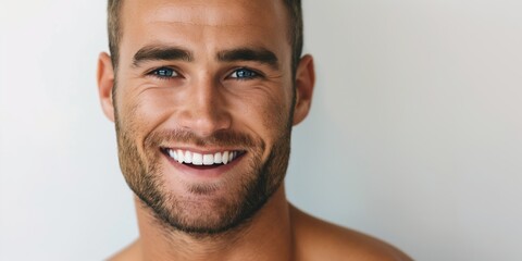 Fototapeta premium A man with a beard and a smile on his face. He is wearing a white shirt. Concept of happiness and positivity