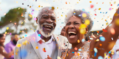 Joyful elderly African American couple celebrating their wedding, surrounded by colorful confetti and smiling guests