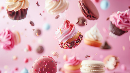 Cupcakes with pink and white frosting, macarons, and chocolate pieces floating against a pastel pink background.