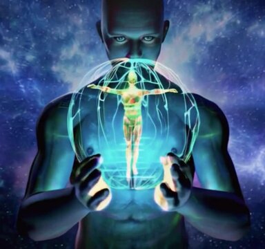 Ser azul segurando um circulo hologr&aacute;fico com um ser humano dentro