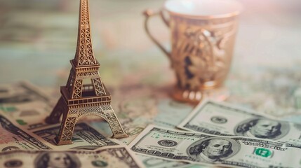 Artistic shot of a miniature Eiffel Tower figurine standing on American dollars, accompanied by an ornate mug, symbolizing the fusion of travel aspirations and financial goals.