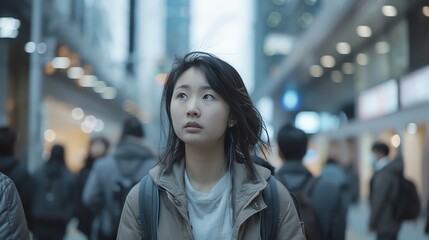 Thoughtful young woman looking away while standing in the city street with blurred crowd passing by in the background.
