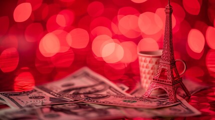 A detailed miniature Eiffel Tower stands among US dollars under red lighting, representing financial aspirations, travel dreams, and cultural significance.