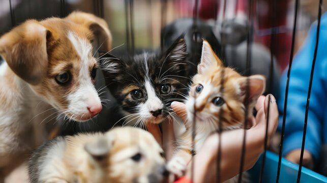 A cute tabby kitten and a puppy in a cage at an animal shelter. The animals are looking at each other curiously.
