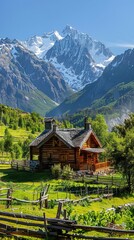 Rustic cabin with garden against majestic mountain backdrop