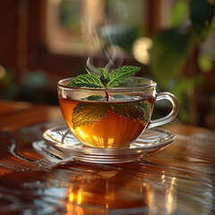 Cup of green tea with mint leaf Cinematic food Photography. generated by AI