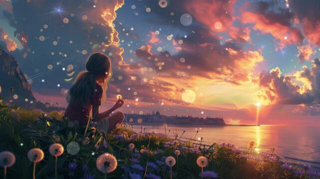 A girl sitting on the grass, surrounded by dandelions and wildflowers. The sunset shines through clouds in front of her to form a colorful sky